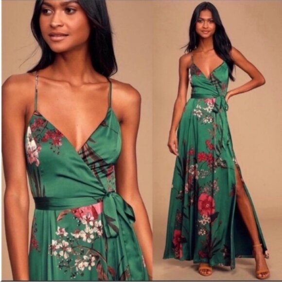 Lulus Dresses & Skirts - Lulus Still the One Emerald Green Floral Print Satin Maxi Dress Size M Worn Once
